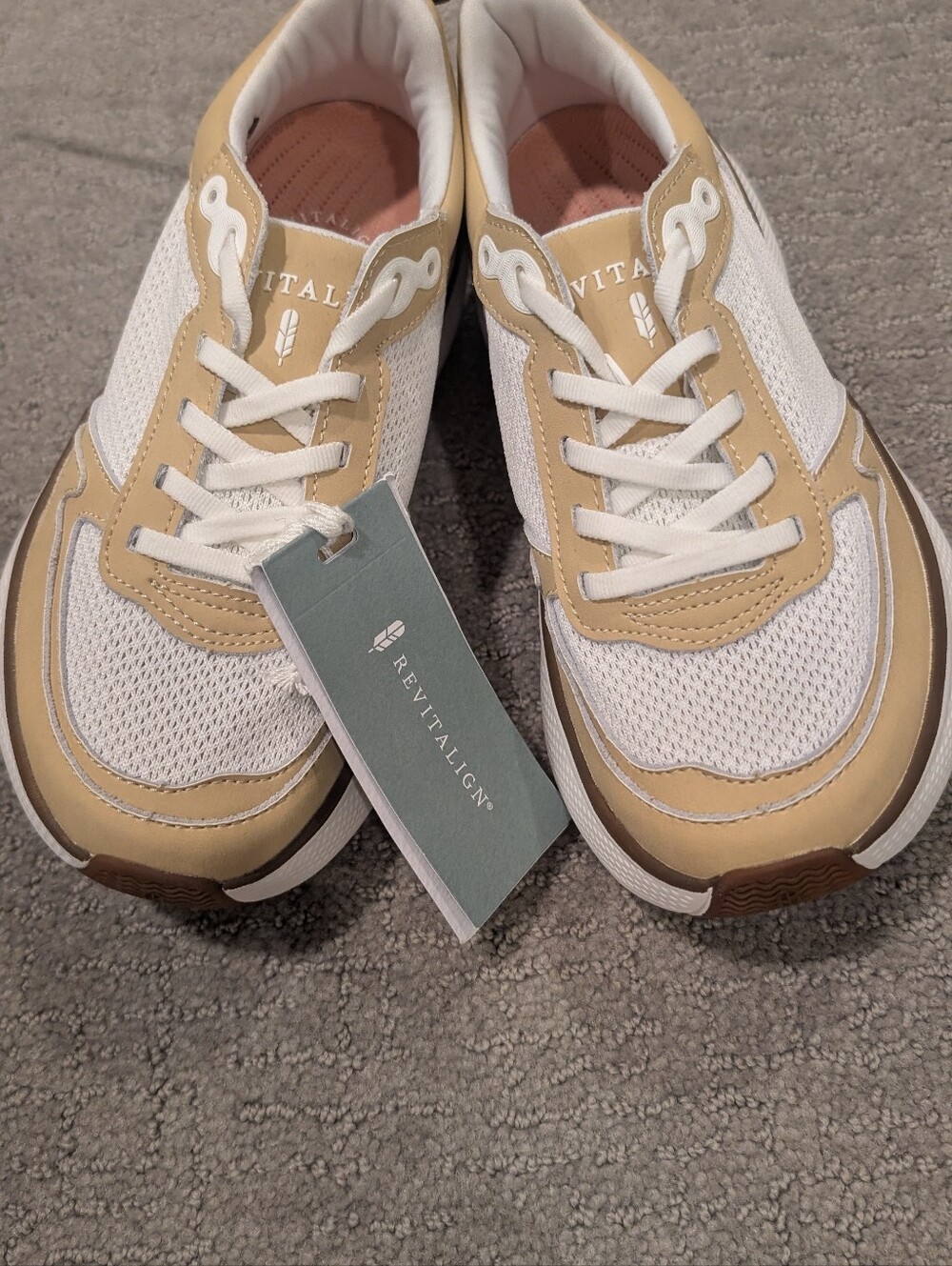 REVITALIGN Women's Sneakers in White and Tan with Brown Accents